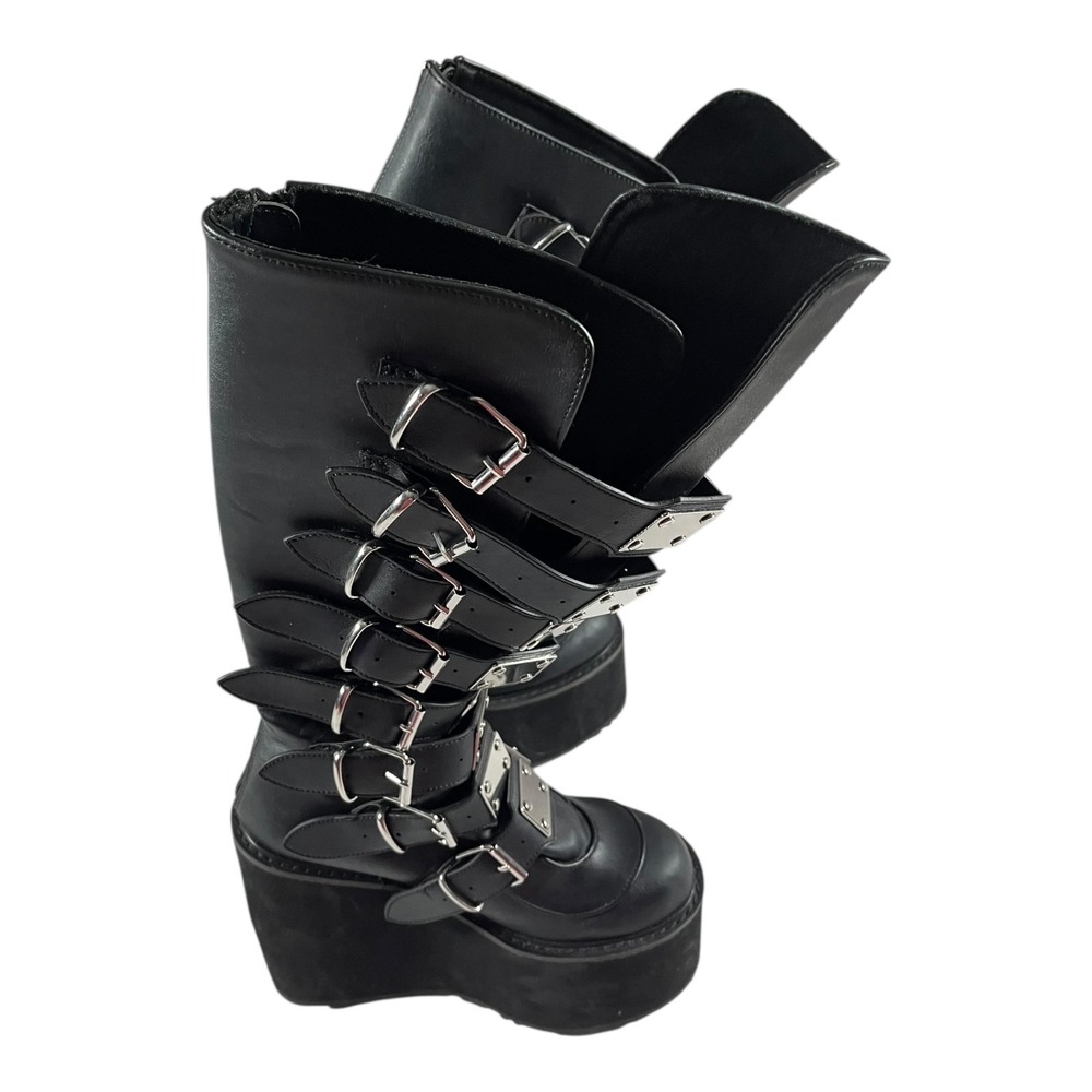 Demonia Gothic Platform Knee-High Boots Vegan Leather Buckle Zipper Size 8